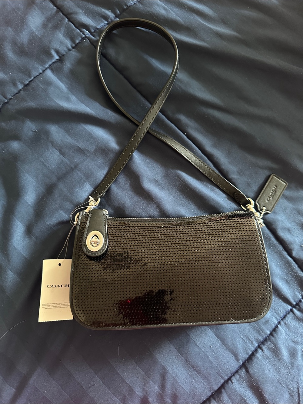 Coach Black Sequin Mini Shoulder Bag with Leather Strap